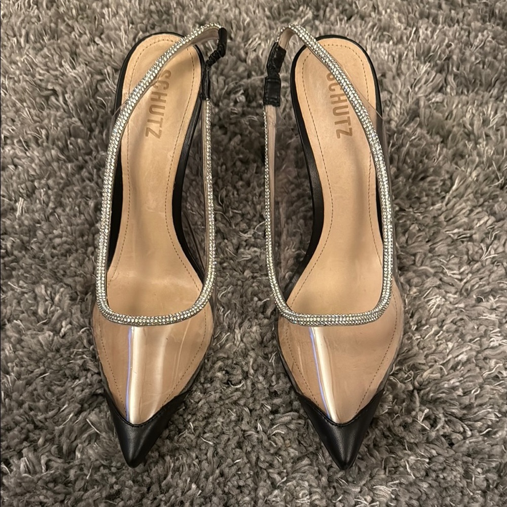 Schutz Black and Silver Pointed-Toe Heels